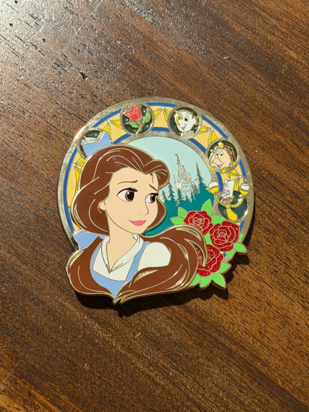 Artist Designed Disney Belle Portrait Enamel Pin with Red Roses and Blue Accents